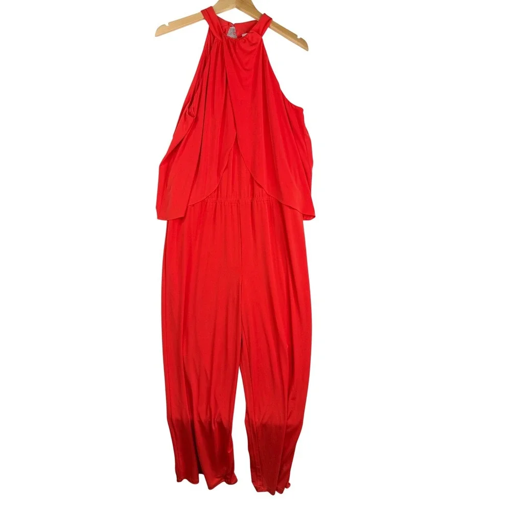 Chico's Jumpsuit Women's 2 US‎ Orange Ruffle Halter Sleeveless Straight Leg Knit